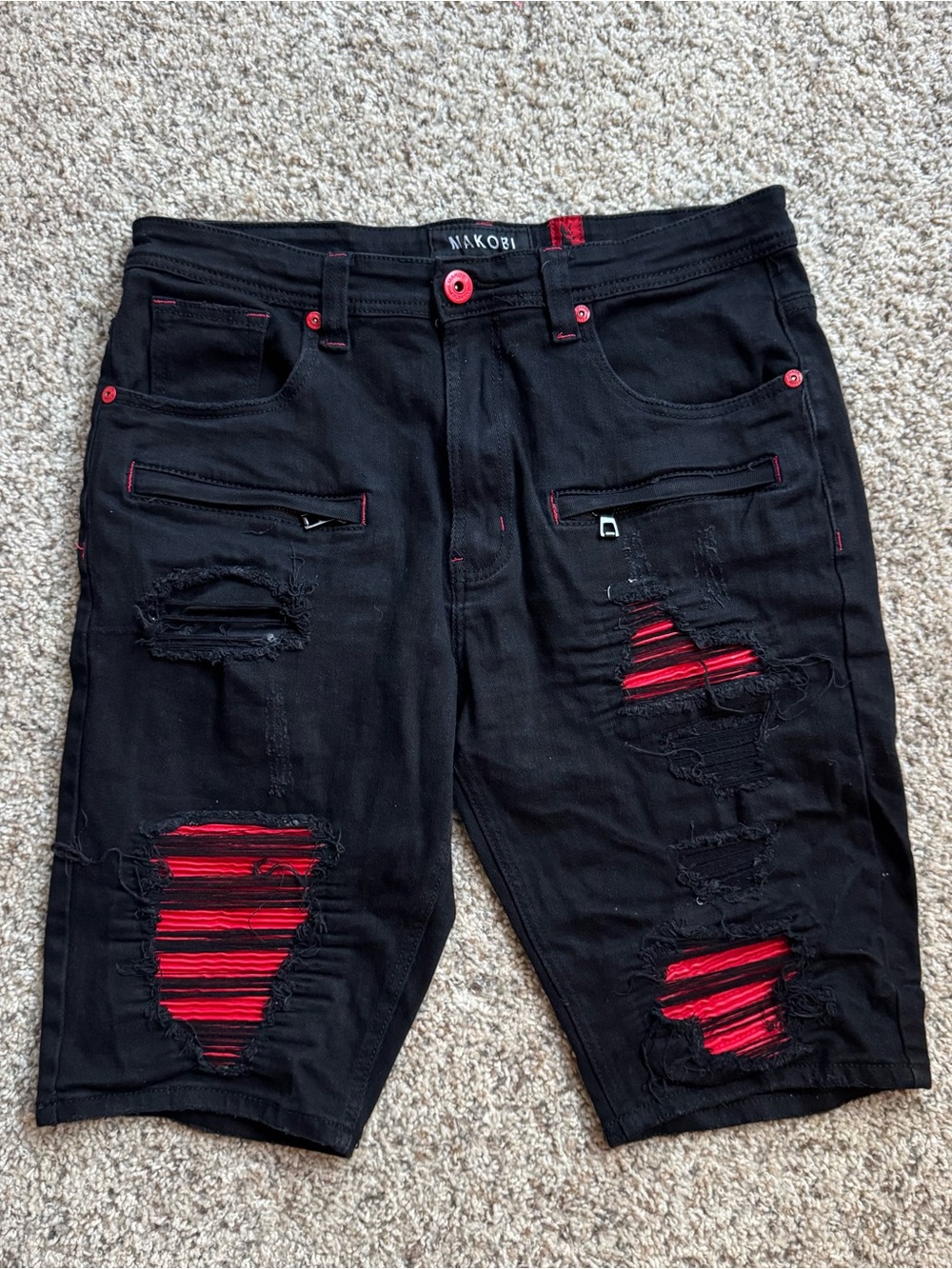 Makobi Men's Black Distressed Denim Shorts Red Buttons 5-Pocket Flat Front